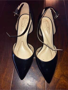Jessica Simpson Black Patent Pointed Ankle-Strap Heels